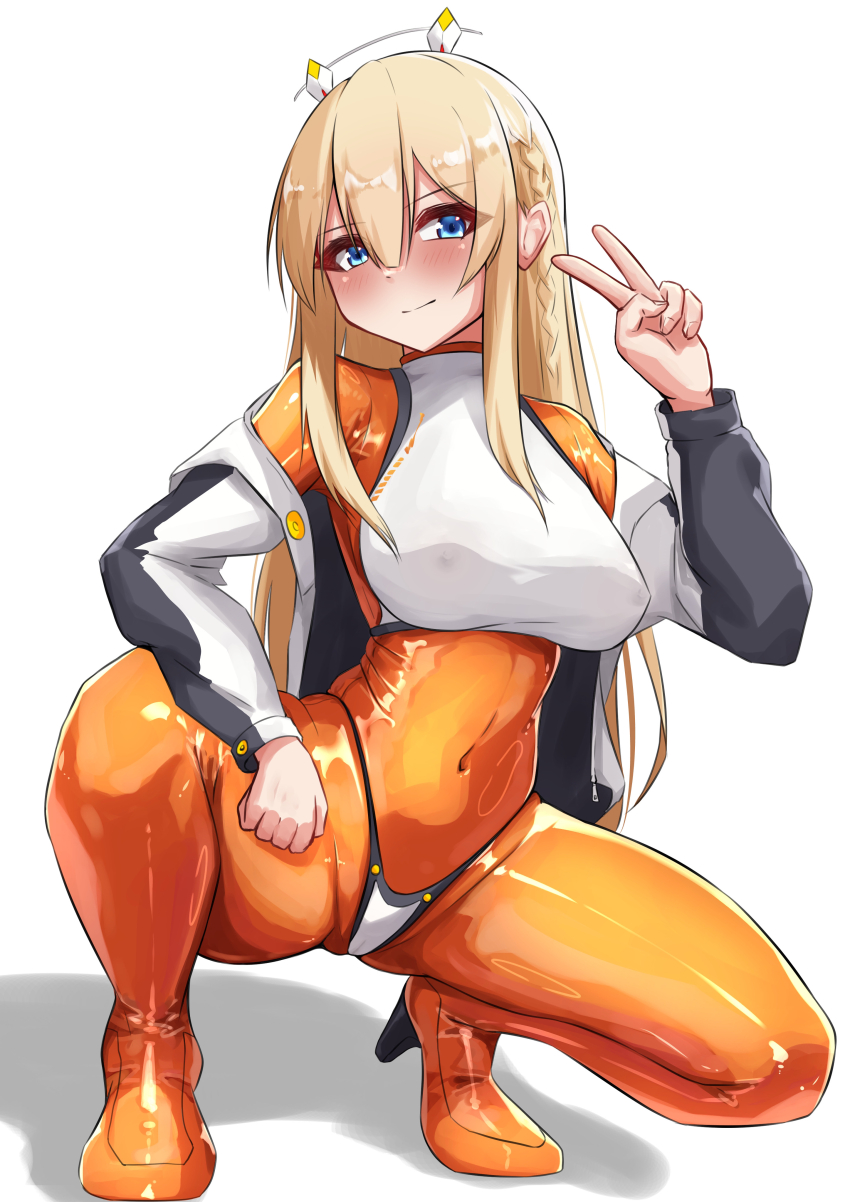 1girl, absurdres, bikini, bikini_bottom_only, bikini_over_clothes, blonde_hair, blue_eyes, blush, bodysuit, braid, breasts, closed_mouth, covered_navel, crop_top, goddess_of_victory:_nikke, grey_jacket, hair_between_eyes, headgear, highres, hiuyec, hood, hood_down, hooded_jacket, jacket, large_breasts, latex, latex_bodysuit, long_hair, looking_at_viewer, multicolored_jacket, off-shoulder_jacket, off_shoulder, orange_bodysuit, sidelocks, skin_tight, smile, solo, spread_legs, squatting, swimsuit, tove_(nikke), two-tone_jacket, v, white_jacket
