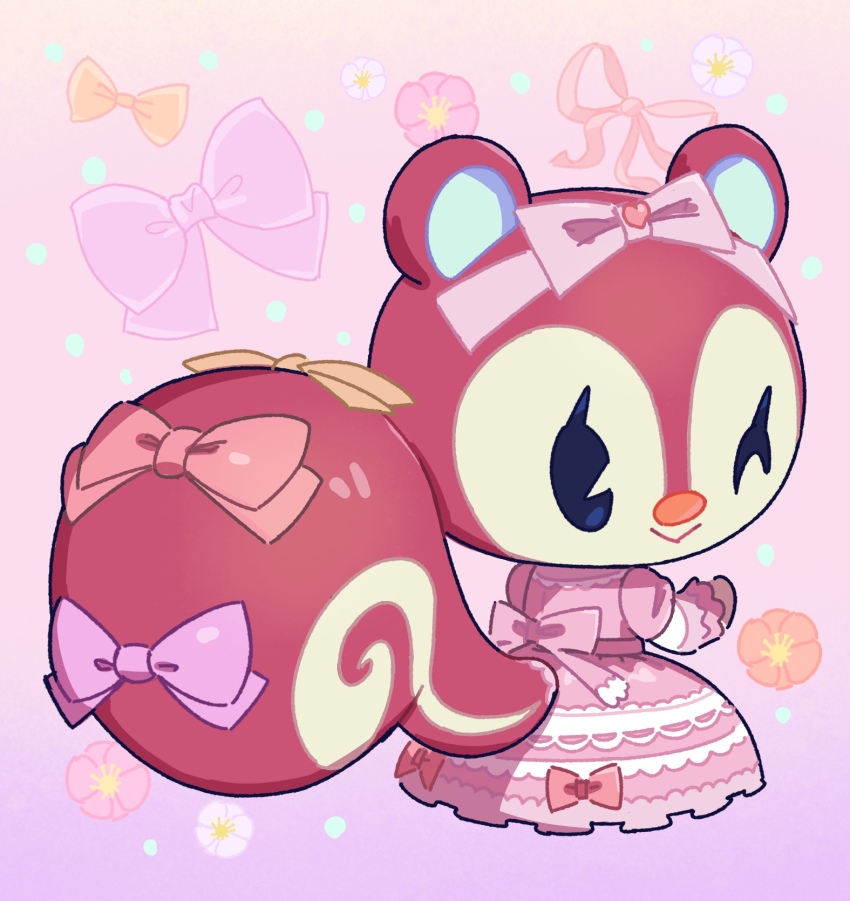1girl, ;>, animal_crossing, black_eyes, bow, bow_hairband, closed_mouth, commentary_request, dress, flower, furry, furry_female, gradient_background, hairband, heart, highres, kopa_nishikida, layered_sleeves, long_sleeves, looking_at_viewer, looking_back, nintendo, one_eye_closed, pink_background, pink_bow, pink_dress, pink_flower, pink_hairband, pink_ribbon, poppy_(animal_crossing), ribbon, short_over_long_sleeves, short_sleeves, simple_background, smile, solo, squirrel_girl, tail, tail_bow, tail_ornament, white_flower, yellow_bow