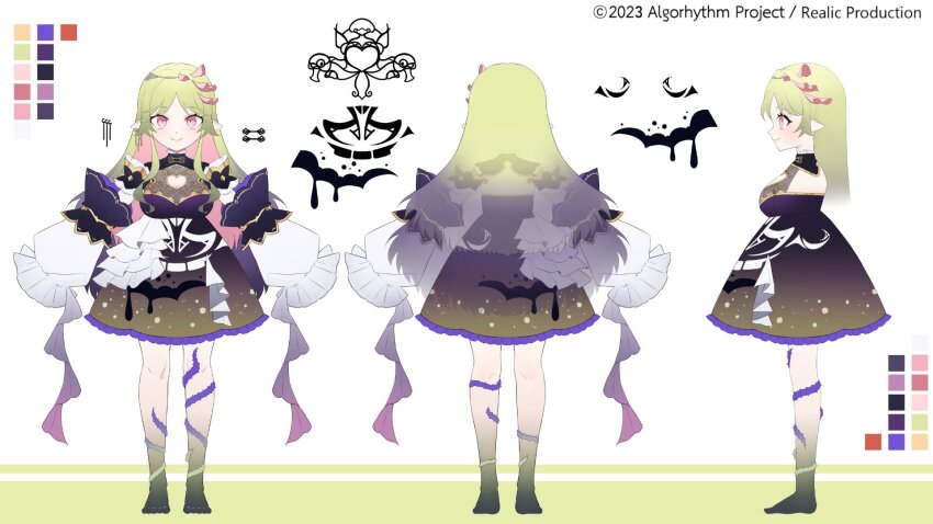 1girl, algorhythm_project, reference_sheet, cleavage_cutout, closed_mouth, clothing_cutout, colored_inner_hair, da_jins_rins