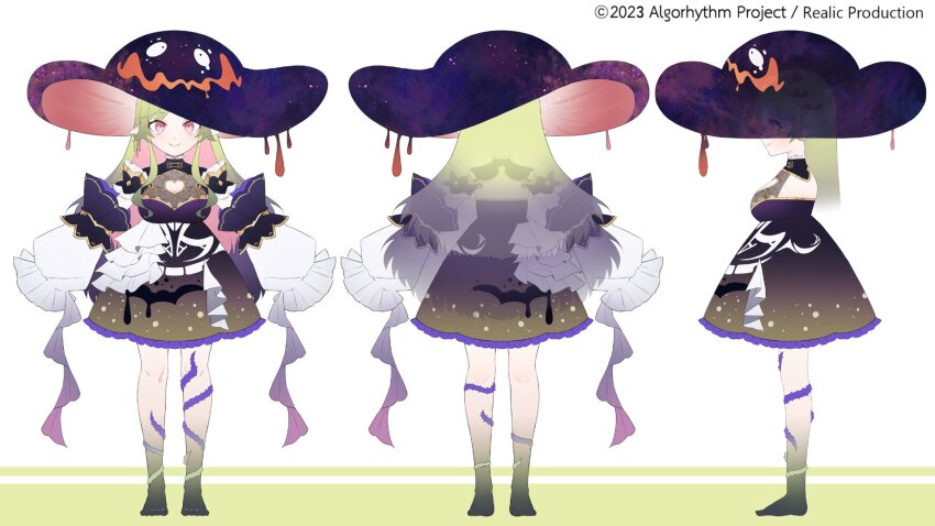 1girl, algorhythm_project, black_dress, breasts, reference_sheet, cleavage, cleavage_cutout, clothing_cutout