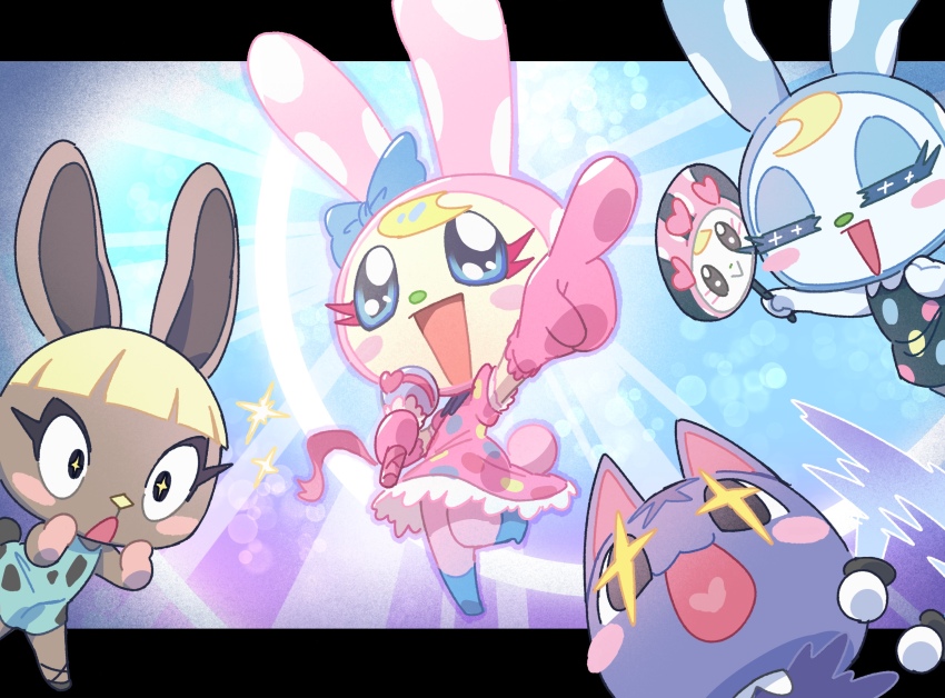 +_+, 4girls, :d, ^_^, animal_crossing, aqua_dress, arm_up, black_dress