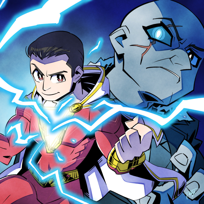 2boys, alternate_skin_color, bald, billy_batson, black_hair, blue_background, blue_eyes, blue_skin, bodysuit, bright_pupils, cape, clenched_hand, collared_jacket, colored_skin, dc_comics, doctor_sivana, electricity, fur-trimmed_jacket, fur_trim, glowing, glowing_eye, hair_slicked_back, hood, hood_down, jacket, lightning, lightning_bolt_symbol, looking_at_viewer, loose_hair_strand, male_focus, multiple_boys, muscular, muscular_male, parted_lips, red_bodysuit, red_eyes, scar, scar_across_eye, scar_on_face, shazam, shazam!_(movie), shazam!_(series), short_hair, signature, smile, sunafuki_tabito, superhero_costume, white_cape, white_hood