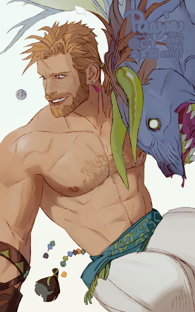 1boy, abs, artist_name, bara, beard, behemoth_(final_fantasy), blonde_hair, chest_hair