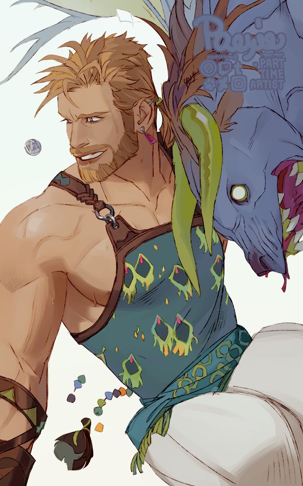 1boy, abs, artist_name, bara, bare_shoulders, beard, behemoth_(final_fantasy), blonde_hair
