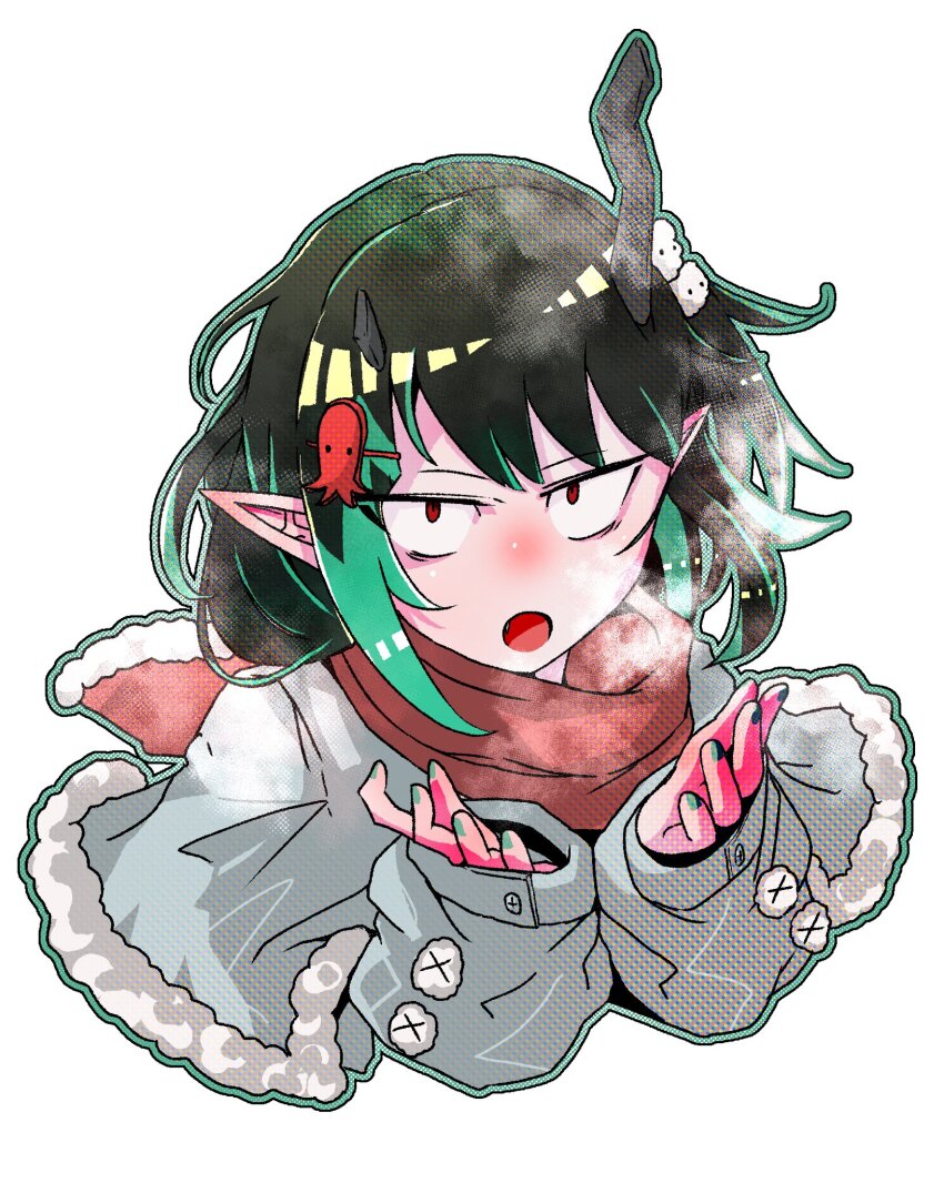 1girl, :o, alternate_costume, bane_mk-2, black_hair, blue_background, blue_hair, blue_nails