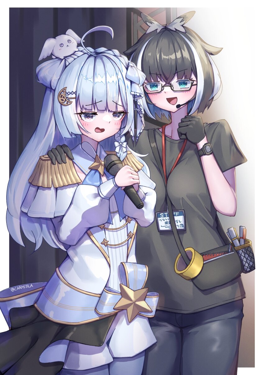 2girls, :d, absurdres, ahoge, alternate_costume, amaui, black-framed_eyewear, black_gloves