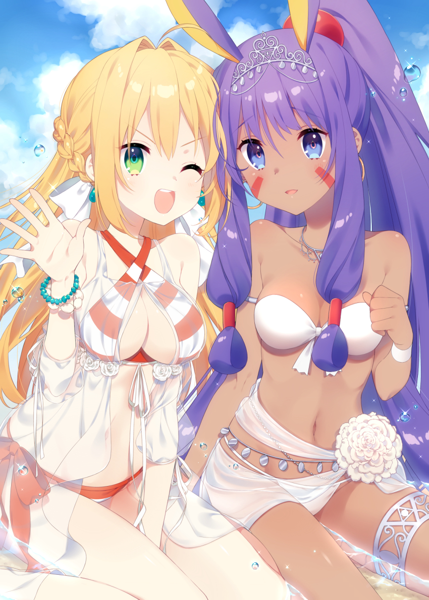 2girls, :d, ;d, ahoge, animal_ears, bare_shoulders, bikini, blonde_hair