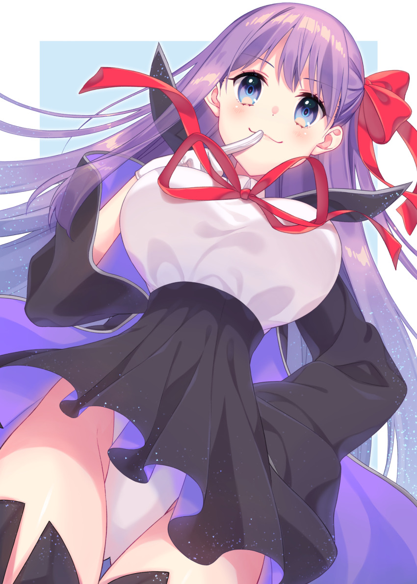 1girl, bb_(fate), black_jacket, black_skirt, blue_background, blue_eyes, bow, closed_mouth