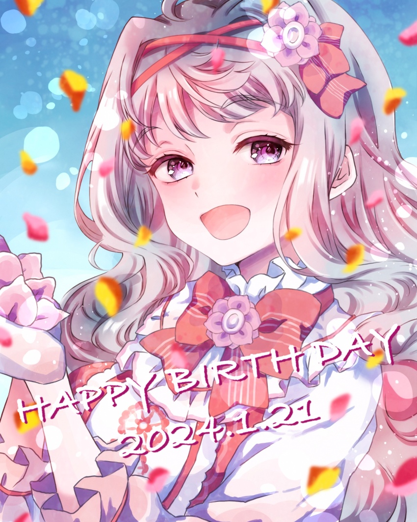 1girl, ahoge, birthday, bow, bowtie, breasts, collar, commentary_request