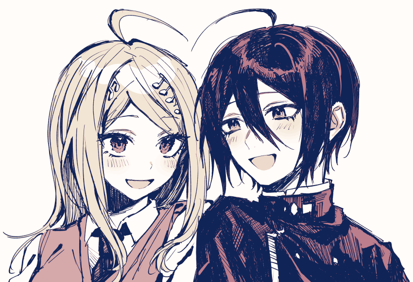 1boy, 1girl, :d, absurdres, ahoge, ahoges_touching, akamatsu_kaede, black_hair