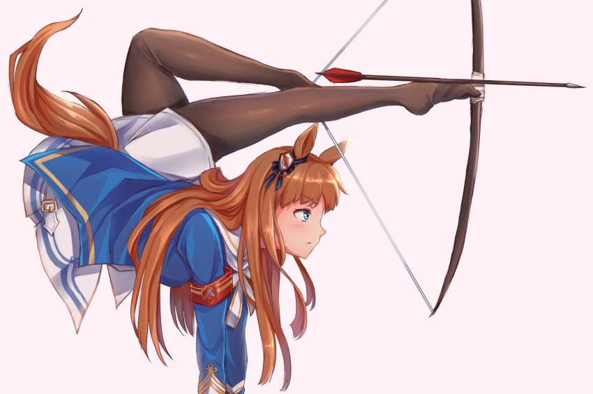 1girl, animal_ears, arrow_(projectile), black_pantyhose, blue_eyes, blue_jacket, bow_(weapon), brown_hair