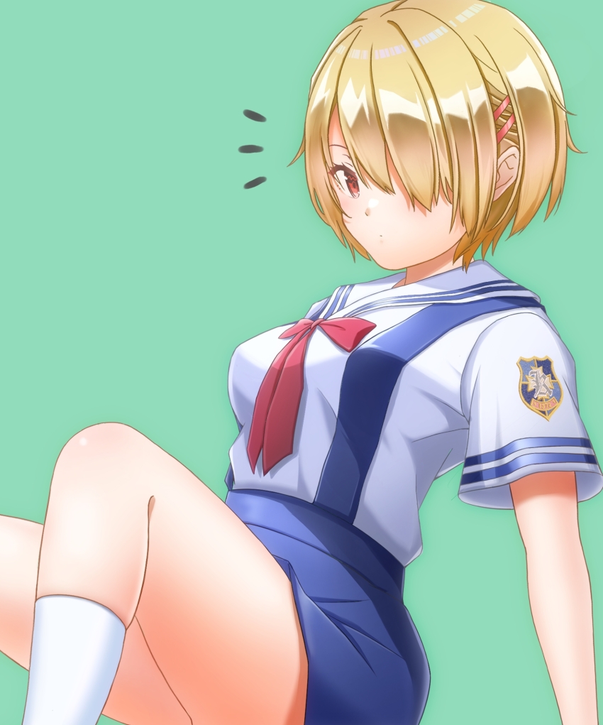 1girl, alternate_costume, asaba_touka, blonde_hair, blue_skirt, clannad, closed_mouth, commentary_request