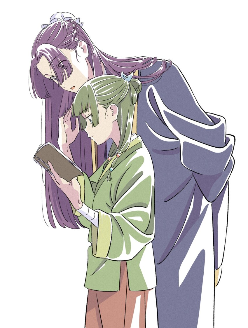 1boy, 1girl, :o, aoqun, arms_behind_back, bandaged_arm, bandages, beads, blue_eyes, blue_robe, blunt_bangs, book, braid, bun_cover, chinese_clothes, dangomochi2, freckles, from_side, green_hair, green_robe, hair_beads, hair_bun, hair_ornament, hand_up, hanfu, highres, holding, holding_book, jinshi_(kusuriya_no_hitorigoto), kusuriya_no_hitorigoto, leaning_forward, long_hair, long_sleeves, maomao_(kusuriya_no_hitorigoto), multi-tied_hair, profile, purple_eyes, purple_hair, reading, robe, simple_background, single_hair_bun, white_background, wide_sleeves