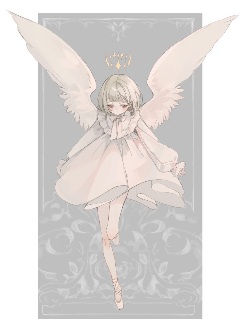 1girl, absurdres, angel, angel_wings, ballet_slippers, bare_legs, blonde_hair, border