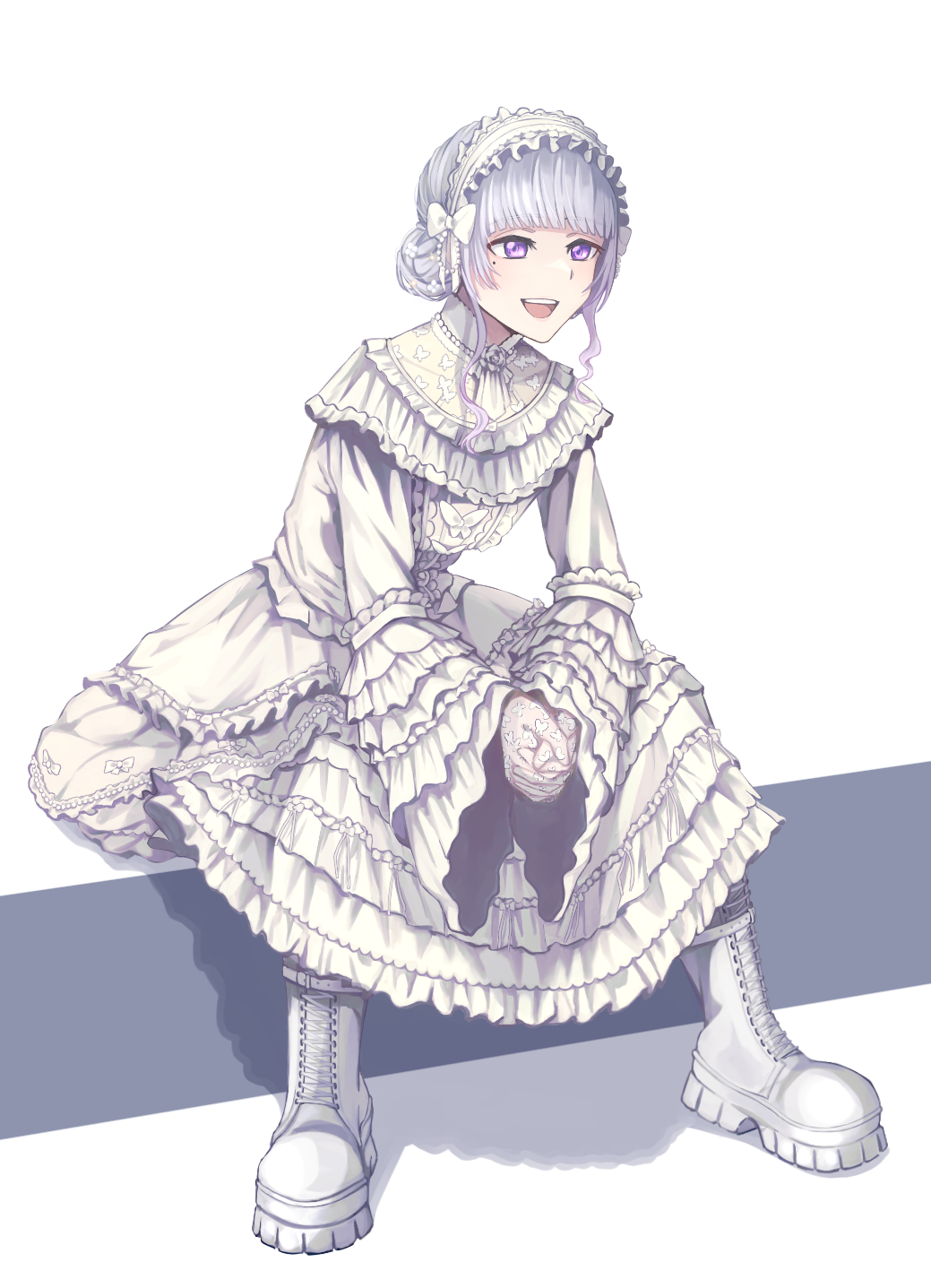 1girl, :d, blunt_bangs, bow, doki_(oox3o), dress, frilled_dress, frilled_hairband