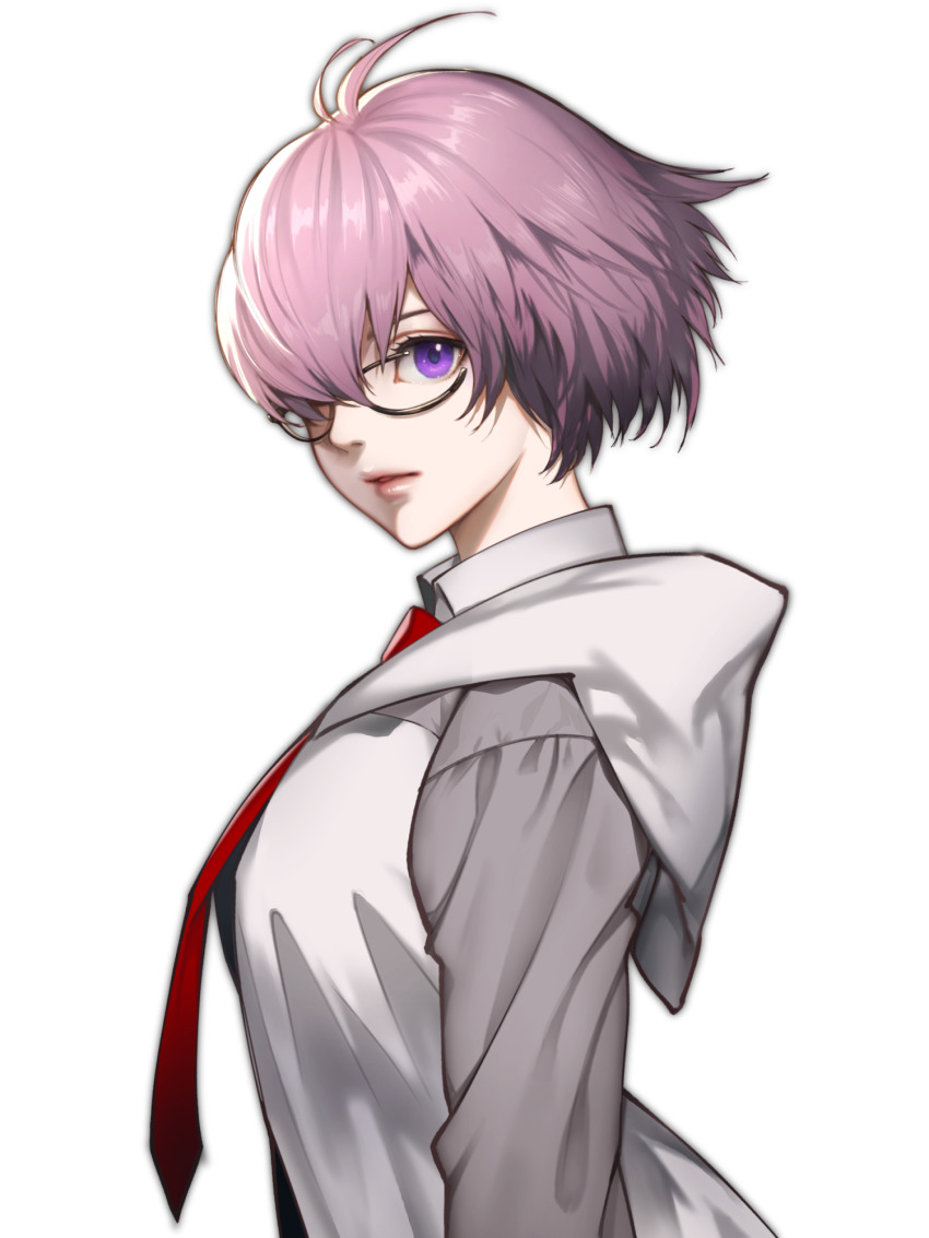 1girl, black-framed_eyewear, commentary, fate/grand_order, fate_(series), floating_hair, glasses, grey_jacket