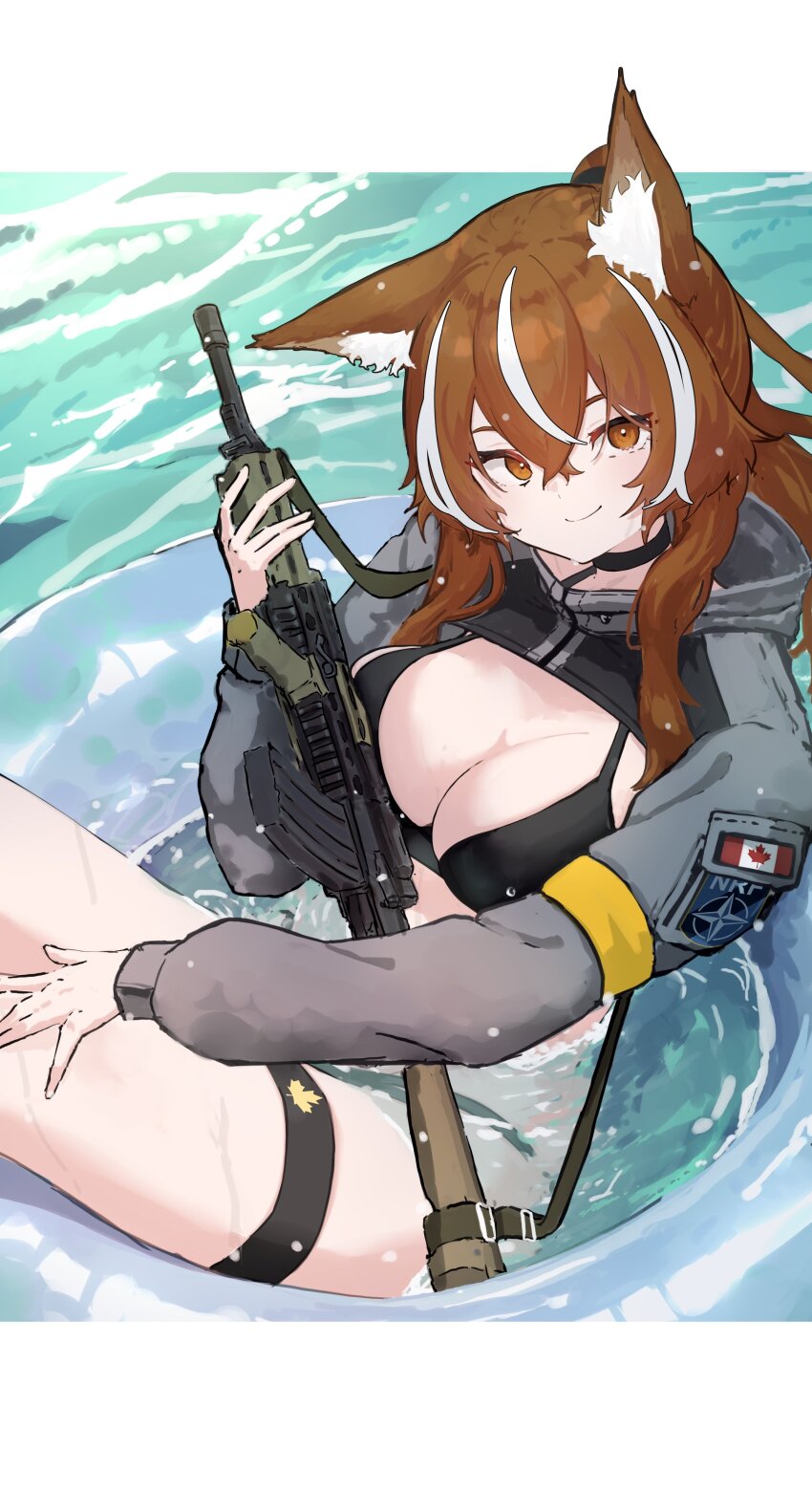 1girl, absurdres, animal_ears, bikini, black_bikini, black_choker, brown_eyes, callisto_(greyeth), canadian_flag, choker, m16a2, commission, cropped_jacket, hair_between_eyes, highres, inflatable_raft, light_brown_hair, long_bangs, looking_at_viewer, multicolored_hair, original, ponytail, second-party_source, smile, solo, streaked_hair, swimsuit, thigh_strap, water, wolf_ears, yacchi