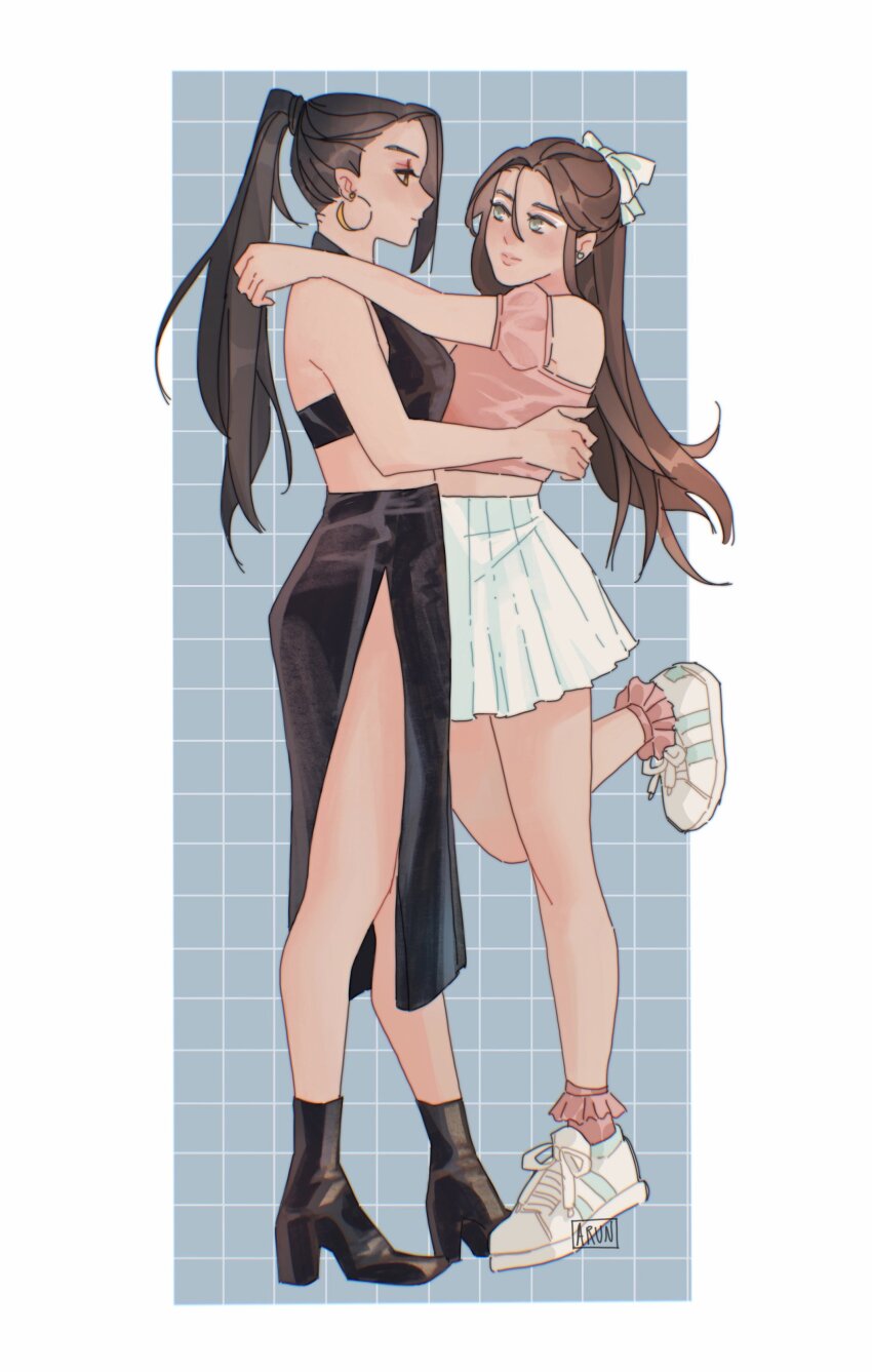 2girls, absurdres, arms_around_neck, bare_legs, bare_shoulders, bbybluemochi, black_footwear, black_hair, black_shirt, black_skirt, blue_background, blush, border, bow, breasts, brown_eyes, brown_hair, casual, chromatic_aberration, commentary, contemporary, dress, earrings, english_commentary, eye_contact, eyeshadow, frilled_sleeves, frilled_socks, frills, from_side, genderswap, genderswap_(mtf), green_eyes, grid_background, hair_behind_ear, hair_between_eyes, hair_bow, hair_ribbon, he_xuan, high-waist_skirt, high_heels, high_ponytail, highres, hoop_earrings, hug, imminent_kiss, jewelry, large_breasts, long_hair, looking_at_another, makeup, midriff, ming_yi, miniskirt, multiple_girls, pink_shirt, pleated_skirt, ponytail, ribbon, shirt, shoes, side_slit, single_sidelock, skirt, smile, sneakers, socks, standing, standing_on_one_leg, stud_earrings, tianguan_cifu, torso_grab, white_border, white_bow, white_footwear, white_skirt, xie_lian, yellow_eyes, yuri