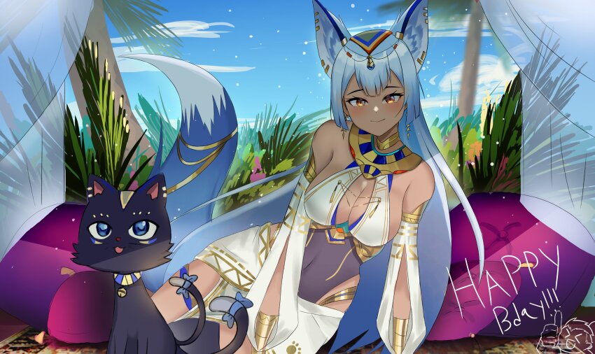 1girl, absurdres, ancient_egyptian, ancient_egyptian_clothes, animal_ears, armlet, bare_shoulders, blue_bow