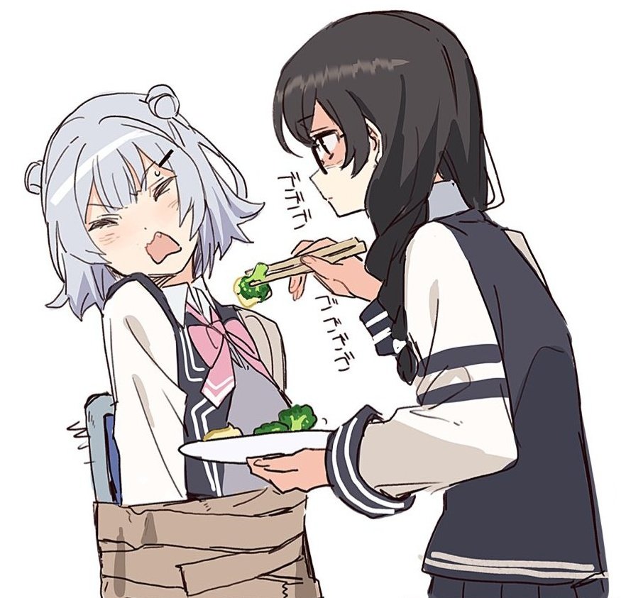 2girls, black_eyes, black_hair, blazer, blush, bound, bow, bowtie, braid, broccoli, cevio, chair, chopsticks, closed_eyes, closed_mouth, collared_shirt, double_bun, fang, feeding, force-feeding, frown, furrowed_brow, glasses, grey_hair, grey_sweater, hair_bun, hair_over_shoulder, hanakuma_chifuyu, holding, holding_chopsticks, jacket, koharu_rikka, long_hair, long_sleeves, looking_at_another, low_twin_braids, masking_tape, menacing_(jojo), multicolored_jacket, multiple_girls, pink_bow, pink_bowtie, restrained, second-party_source, shaded_face, shirt, short_hair, simple_background, sweater, synthesizer_v, teshima_nari, tied_up_(nonsexual), turning_head, twin_braids, two-tone_jacket, v-shaped_eyebrows, white_background