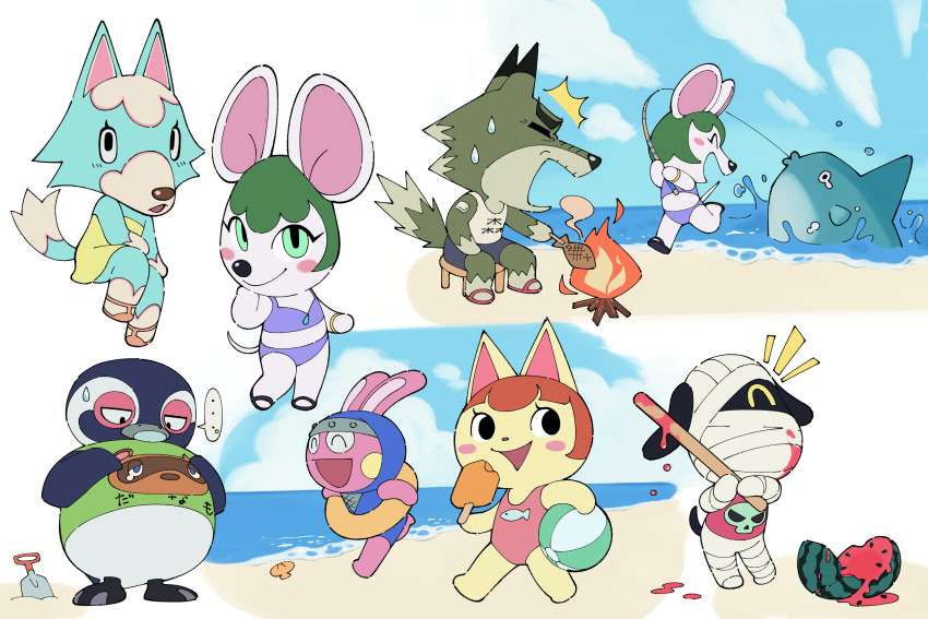..., 3girls, 4boys, :d, :o, ^^^, ^_^, animal_crossing, animal_print, ball, bandages, bandaid, bandaid_on_arm, beach, beachball, bikini, black_eyes, black_footwear, blue_shorts, blue_sky, blush, blush_stickers, bracelet, bree_(animal_crossing), brown_hair, cat_girl, character_print, chibikemo, closed_eyes, closed_mouth, cloud, commentary_request, day, dobie_(animal_crossing), dog_boy, dress, felicity_(animal_crossing), fire, fish, fish_(food), fish_print, fishing, fishing_rod, food, fruit, furry, furry_female, furry_male, green_dress, green_eyes, green_hair, green_shirt, highres, holding, holding_ball, holding_fishing_rod, holding_food, holding_popsicle, holding_stick, hood, hood_up, innertube, jewelry, jitome, looking_at_viewer, looking_down, looking_to_the_side, luaudrey, lucky_(animal_crossing), mouse_girl, multiple_boys, multiple_girls, multiple_views, nintendo, notice_lines, ocean, ocean_sunfish, on_stool, one-piece_swimsuit, one_eye_covered, open_mouth, penguin_boy, pink_one-piece_swimsuit, popsicle, purple_bikini, rabbit_boy, red_footwear, red_shirt, roasting, running, sand, sandals, seashell, shell, shirt, short_hair, shorts, simple_background, sitting, skull_print, sky, skye_(animal_crossing), sleeveless, sleeveless_shirt, smile, snake_(animal_crossing), speech_bubble, spoken_ellipsis, stick, stool, strapless, strapless_dress, suikawari, surprised, sweatdrop, swim_ring, swimsuit, tank_top, tex_(animal_crossing), tom_nook_(animal_crossing), trowel, water, watermelon, white_background, white_tank_top, wolf_boy, wolf_girl