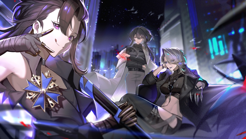 3girls, :p, absurdres, armpit_peek, black_gloves, black_hair, black_jacket, black_pants, black_shirt, blue_eyes, blue_lips, bracelet, breasts, brown_hair, building, casting_spell, chief_(path_to_nowhere), city, clothing_cutout, coat, coat_on_shoulders, collared_shirt, couch, crop_top, crossed_legs, earrings, eyes_visible_through_hair, fake_claws, female_chief_(path_to_nowhere), flat_chest, floating_hair, gloves, grey_eyes, grey_hair, grey_jacket, grey_pants, grey_vest, hair_over_one_eye, hand_wraps, highres, holding, holding_polearm, holding_weapon, horo_(path_to_nowhere), jacket, jewelry, kong_tiao_bo_zi, long_hair, looking_at_viewer, medal, medium_breasts, medium_hair, midriff, multiple_girls, night, on_couch, open_clothes, open_jacket, pants, parted_bangs, path_to_nowhere, polearm, purple_eyes, shirt, simple_bird, sitting, sky, skyscraper, sleeveless, sleeveless_jacket, smile, star_(sky), stomach, stud_earrings, thigh_cutout, tomboy, tongue, tongue_out, undershirt, upswept_hair, v, vest, weapon, white_coat, zoya_(path_to_nowhere)