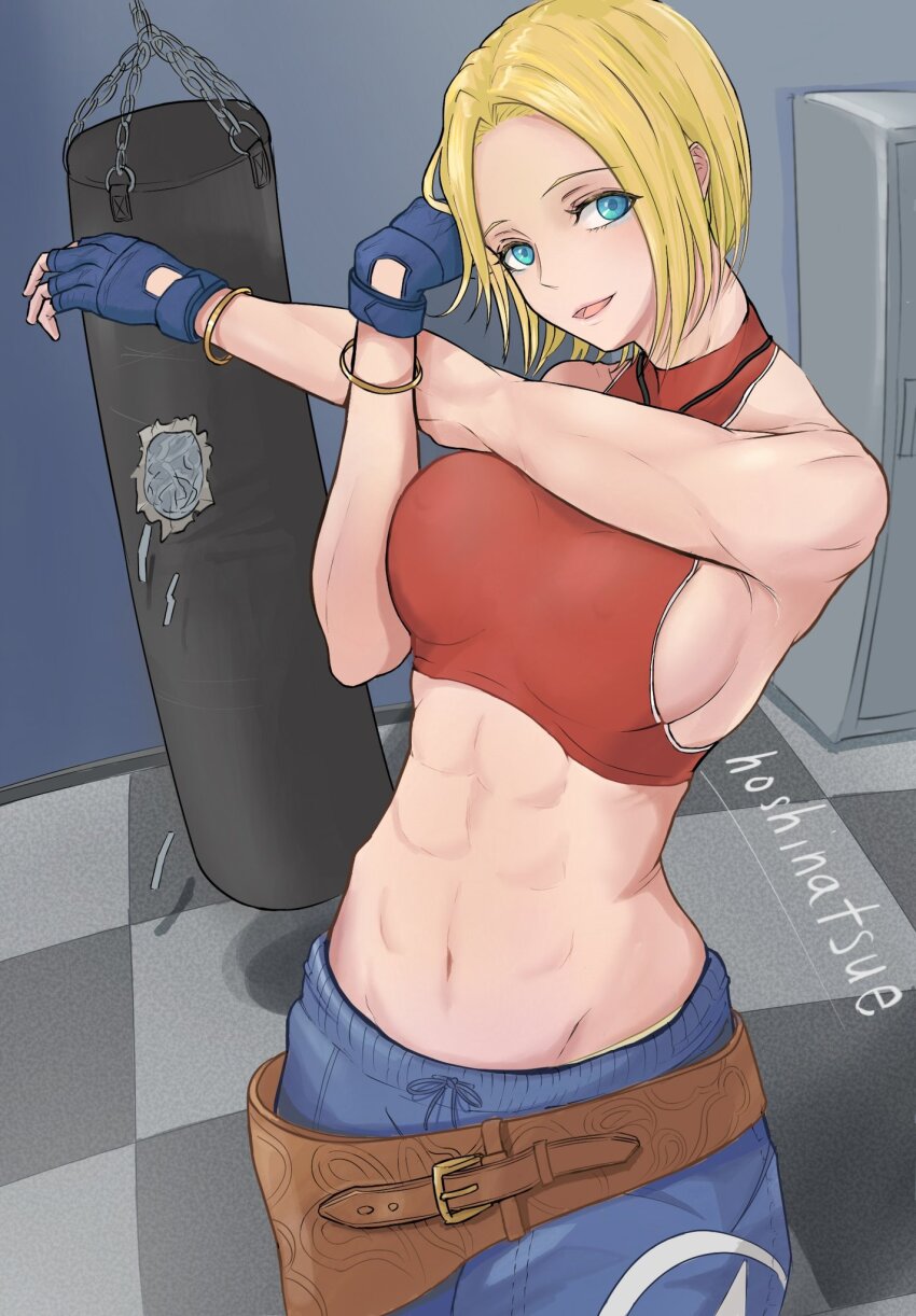 1girl, abs, bare_shoulders, blonde_hair, blue_eyes, blue_mary, breasts, crop_top
