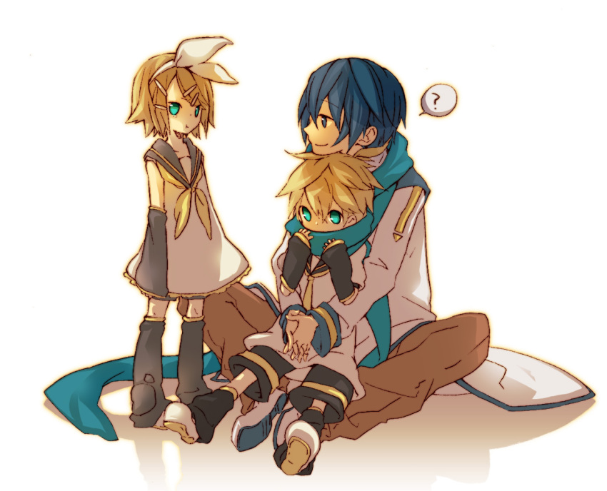 1girl, 2boys, :t, ?, aqua_hair, blonde_hair, blue_eyes, blue_hair