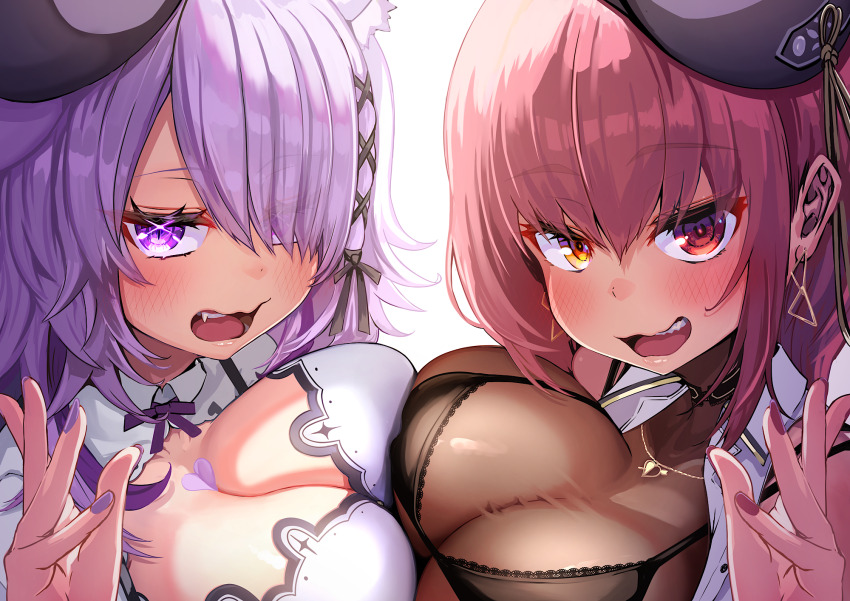 2girls, animal_ear_fluff, animal_ears, asymmetrical_docking, blush, breast_press, breasts, cat_ears