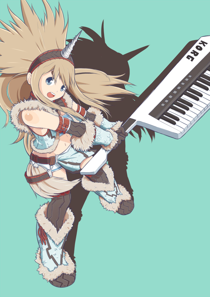 1girl, alternate_costume, bare_shoulders, blonde_hair, blue_eyes, capcom, cosplay, female_focus, fur, hairband, headband, horns, instrument, k-on!, keytar, kirin_(armor), kotobuki_tsumugi, long_hair, monster_hunter_(series), open_mouth, round_teeth, shadow, simple_background, single_horn, solo, takayonexx, teeth