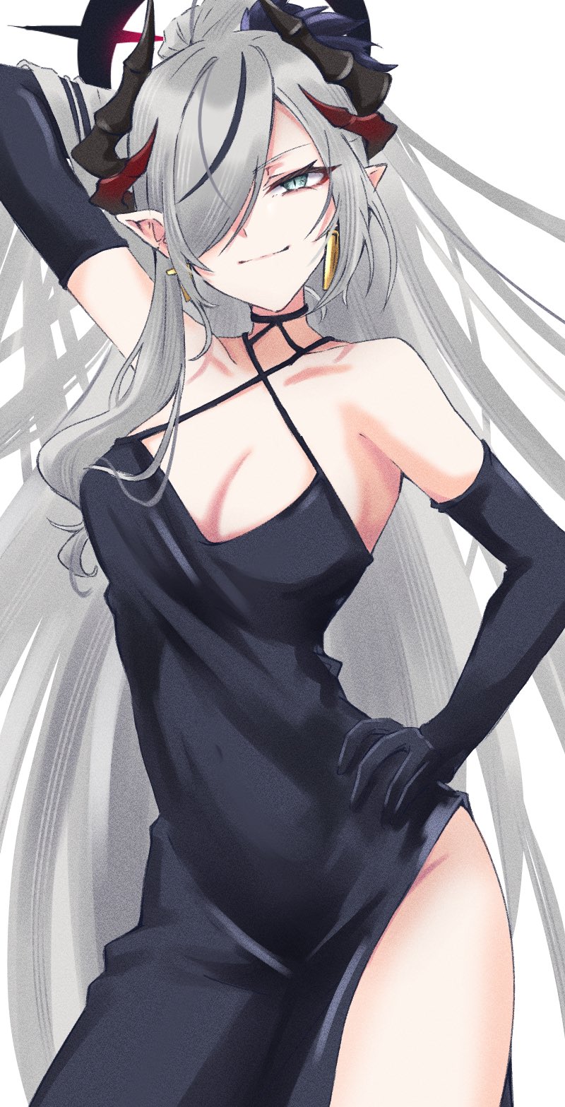 1girl, arm_behind_head, arm_up, black_dress, black_gloves, black_horns, blue_archive, breasts, cleavage, closed_mouth, cowboy_shot, criss-cross_halter, dress, earrings, elbow_gloves, gloves, green_eyes, grey_hair, hair_over_one_eye, halo, halterneck, hand_on_own_hip, high_ponytail, highres, horns, jewelry, large_breasts, long_hair, looking_at_viewer, makoto_(blue_archive), makoto_(dress)_(blue_archive), mizuhane_(mizuhane_miu), multicolored_hair, multiple_horns, pointy_ears, ponytail, red_horns, side_slit, sleeveless, sleeveless_dress, smile, solo, streaked_hair, white_background