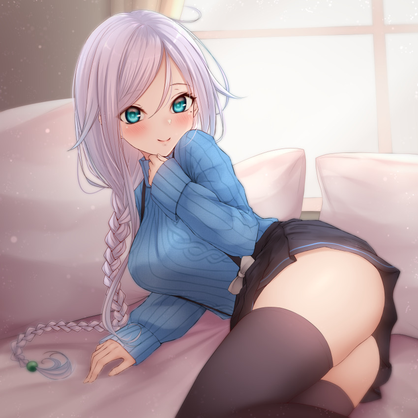 1girl, absurdres, alternate_costume, ass, black_skirt, black_thighhighs, blue_eyes, blue_sweater, blush, braid, breasts, closed_mouth, feet_out_of_frame, grey_hair, highres, indoors, kantai_collection, large_breasts, long_hair, long_sleeves, mole, mole_under_eye, nuka_(nvkka), pleated_skirt, single_braid, skirt, smile, solo, sweater, thighhighs, umikaze_(kancolle), umikaze_(mitsukoshi)_(kancolle), window