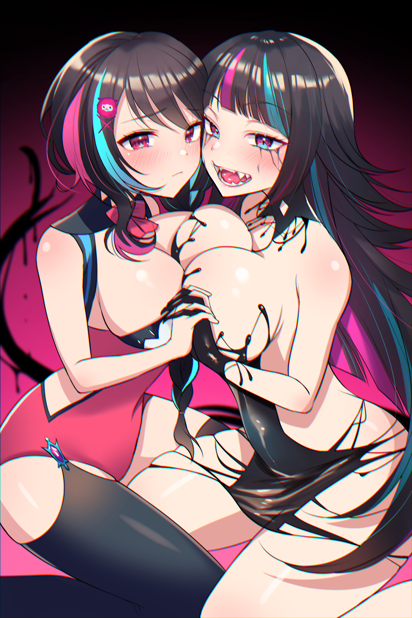 2girls, absurdres, bare_shoulders, black_dress, black_gloves, black_hair, black_thighhighs, blue_hair