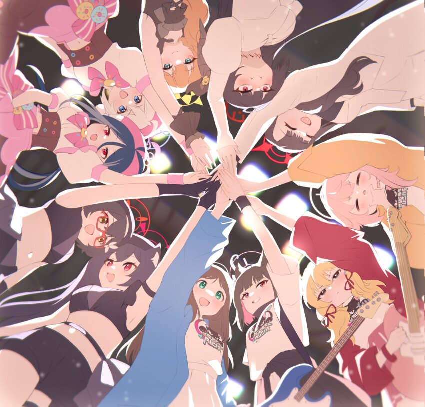 6+girls, airi_(band)_(blue_archive), airi_(blue_archive), ayane_(blue_archive), azisai, black_gloves, black_hair, blonde_hair, blue_archive, blue_eyes, blue_jacket, brown_hair, closed_eyes, electric_guitar, fubuki_(blue_archive), gloves, green_eyes, guitar, halo, highres, ichika_(blue_archive), instrument, jacket, kazusa_(band)_(blue_archive), kazusa_(blue_archive), kirino_(blue_archive), mari_(blue_archive), multiple_girls, natsu_(band)_(blue_archive), natsu_(blue_archive), navel, official_alternate_costume, open_clothes, open_jacket, pink_hair, red_eyes, red_halo, red_jacket, serika_(blue_archive), tsurugi_(blue_archive), white_hair, yellow_eyes, yellow_halo, yellow_jacket, yoshimi_(band)_(blue_archive), yoshimi_(blue_archive)