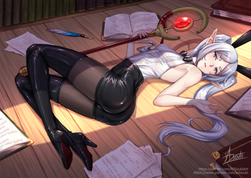 1girl, adsouto, animal_ears, ass, blue_eyes, book, boots, bow