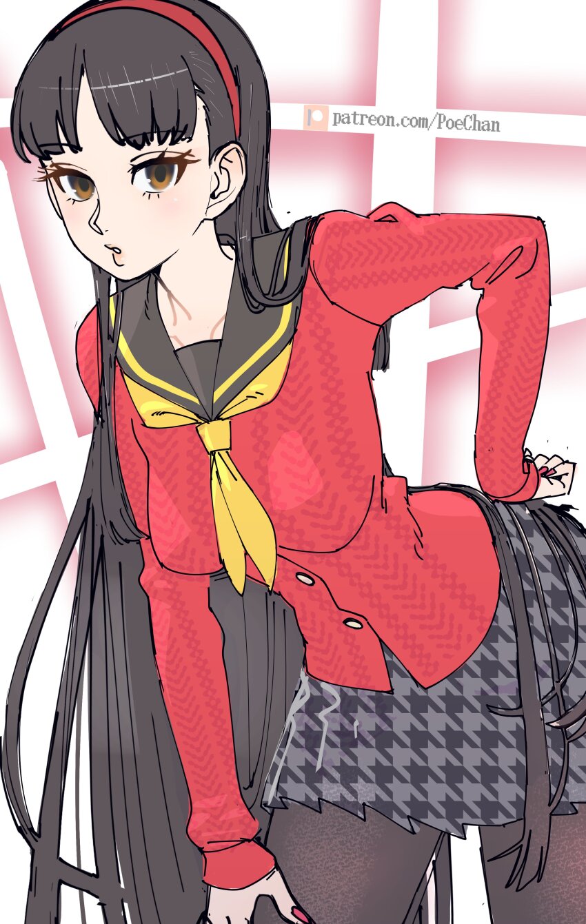 absurdres, amagi_yukiko, bent_over, black_hair, black_sailor_collar, breasts, brown_eyes, cardigan, hairband, hand_on_own_hip, highres, hime_cut, houndstooth, long_hair, looking_at_viewer, medium_breasts, neckerchief, pantyhose, patreon_logo, patreon_username, persona, persona_4, pleated_skirt, poechan_chan, red_cardigan, red_hairband, red_nails, sailor_collar, skirt, tweed, very_long_hair, yellow_neckerchief