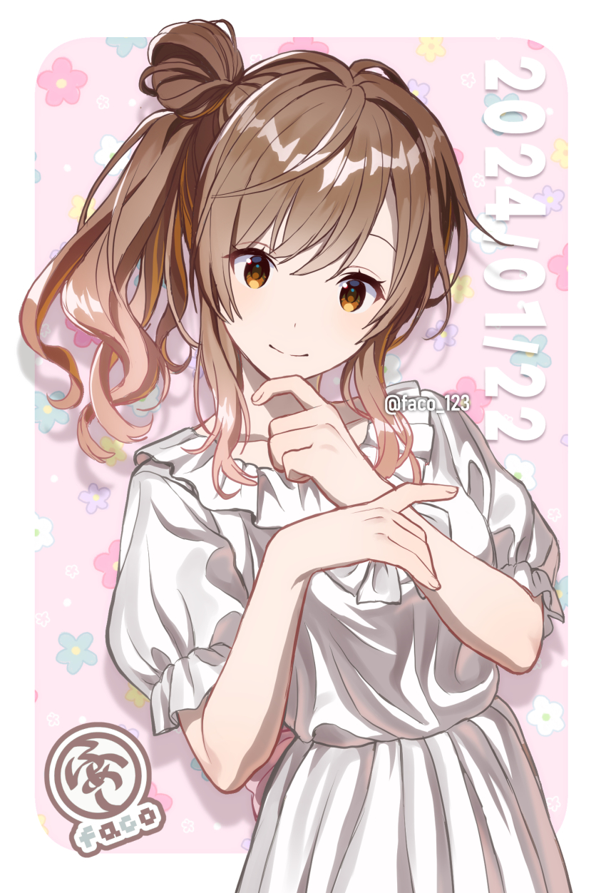1girl, artist_logo, border, brown_eyes, brown_hair, cevio, collarbone, commentary_request