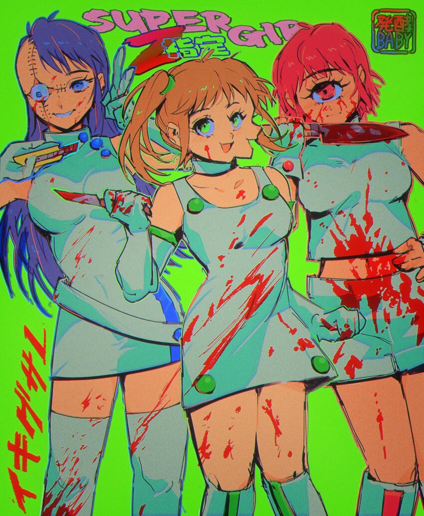 3girls, artist_logo, asymmetrical_hair, babibu_baby, belt, blonde_hair, blood, blood_on_clothes