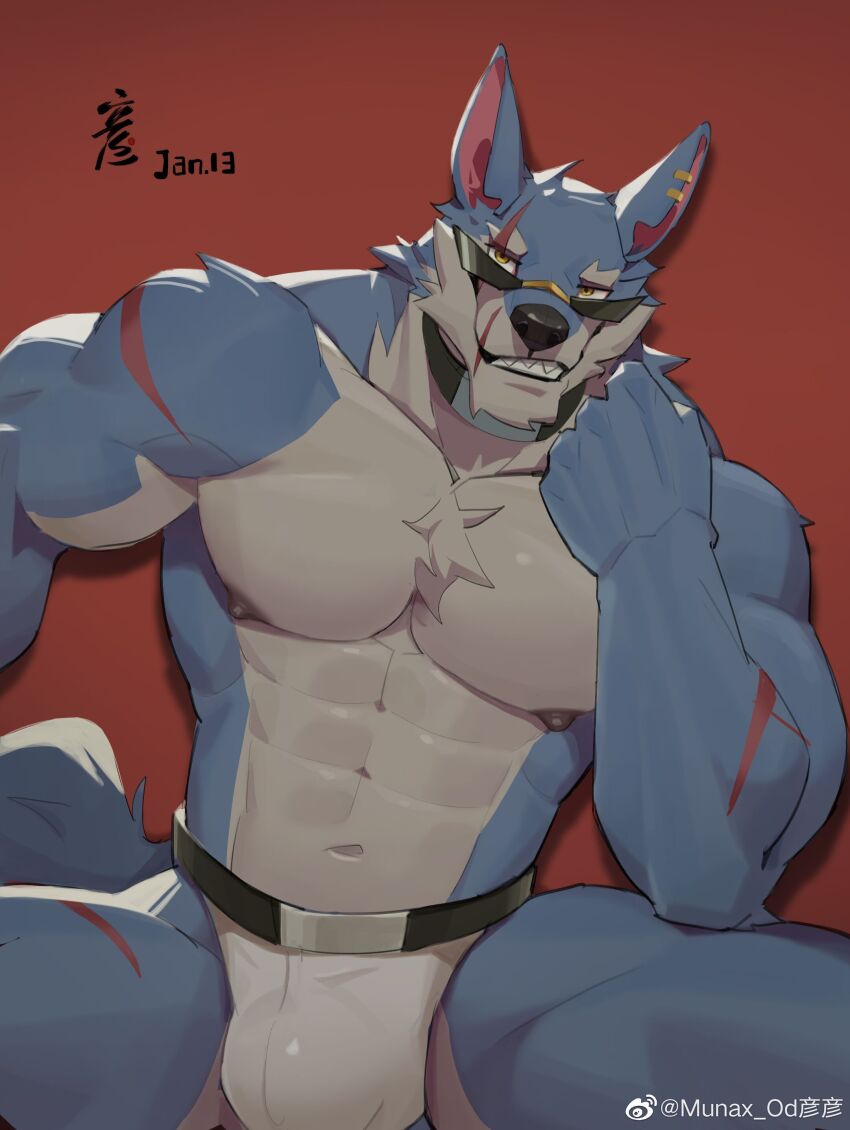 1boy, abs, absurdres, animal_ears, bara, blue_fur, bulge, dislyte