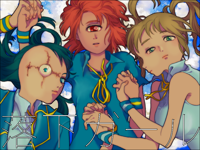 3girls, asymmetrical_hair, black_hair, blue_background, blue_eyes, blue_shirt, breasts, cloud