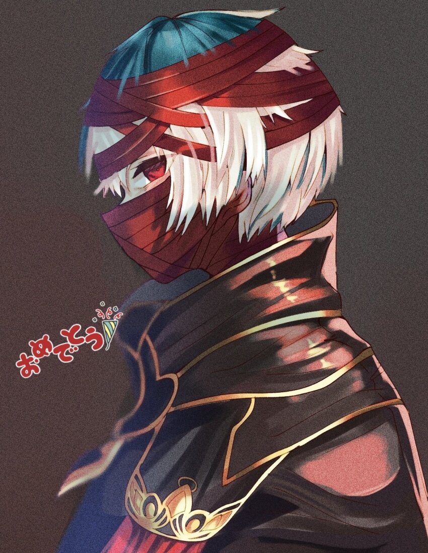 1boy, aofv_tuna07, bandaged_head, bandages, black_cloak, blue_hair, brown_background, cloak, grimms_notes, highres, looking_to_the_side, male_focus, multicolored_hair, profile, prometheus_(grimms_notes), red_bandage, red_eyes, short_hair, solo, upper_body, white_hair
