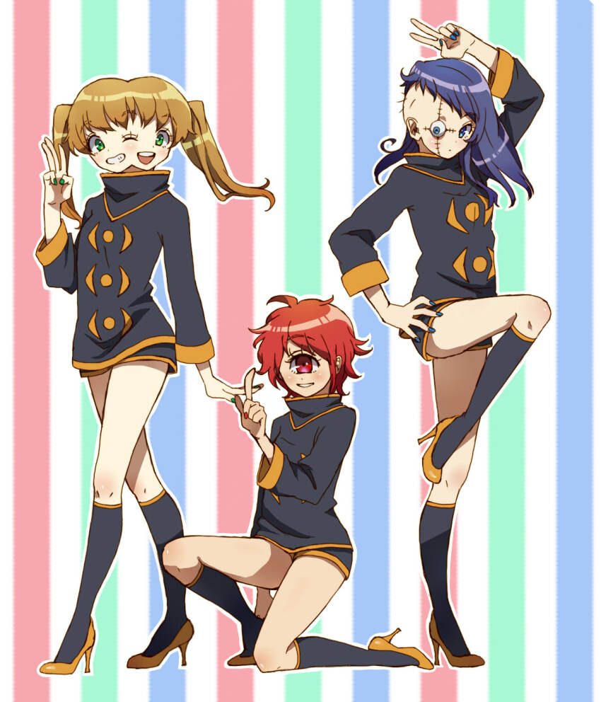 3girls, arm_over_head, arm_up, asymmetrical_hair, black_jacket, black_socks, blue_eyes, blue_hair