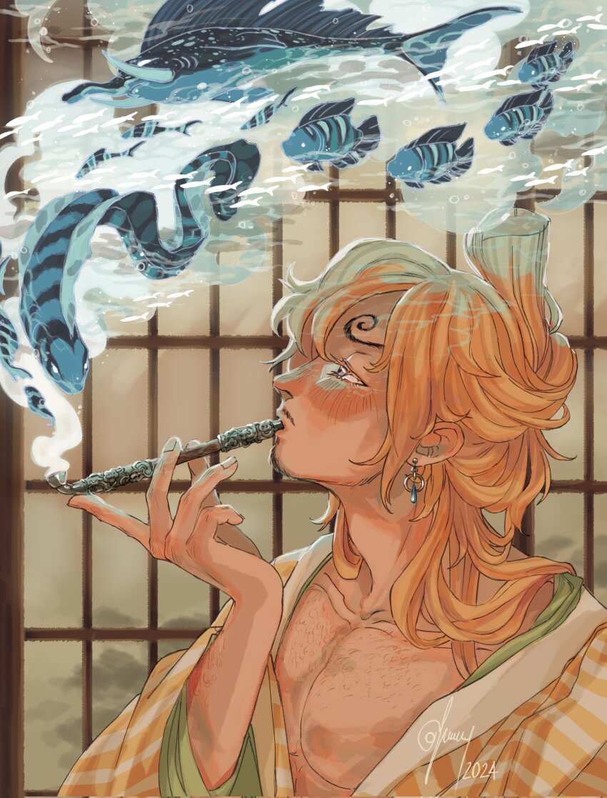 1boy, 2024, adam's_apple, arm_up, blonde_hair, blue_eyes, curly_eyebrows, earrings, eyelashes, facial_hair, fish, goatee, chest_hair, highres, holding, holding_smoking_pipe, imagining, japanese_clothes, jewelry, kimono, long_hair, looking_up, lunaisanartist, male_focus, mustache, one_piece, open_clothes, pectorals, sanji_(one_piece), signature, smoking, smoking_pipe, striped_clothes, striped_kimono, yellow_kimono