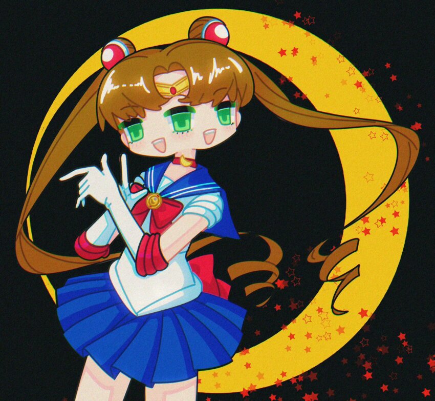 1girl, bishoujo_senshi_sailor_moon, black_background, blue_sailor_collar, blue_skirt, bow, bowtie, brown_hair