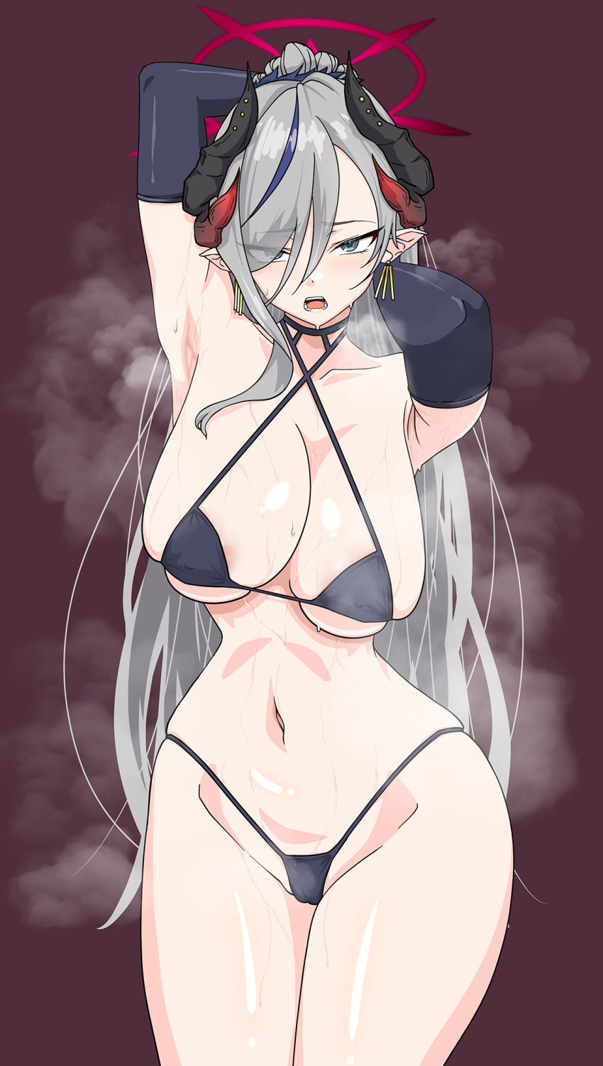 1girl, aqua_eyes, armpits, asymmetrical_bangs, bikini, black_bikini, blue_archive, breasts