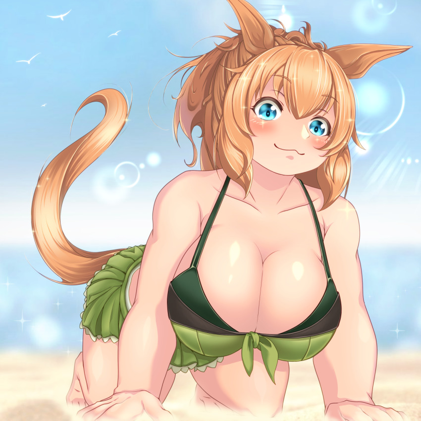 1girl, :3, all_fours, animal_ears, bandeau, bare_arms, bare_shoulders, barefoot