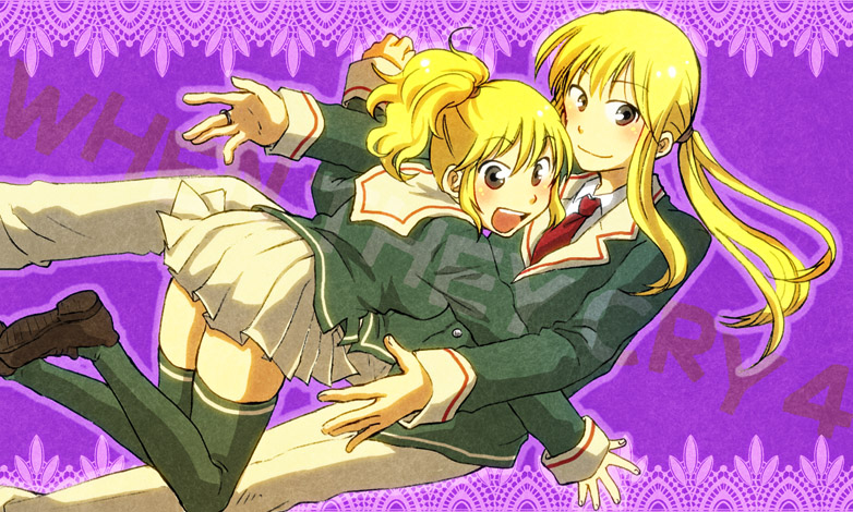 1boy, 1girl, anno_mana, bad_id, bad_pixiv_id, blonde_hair, necktie, ponytail