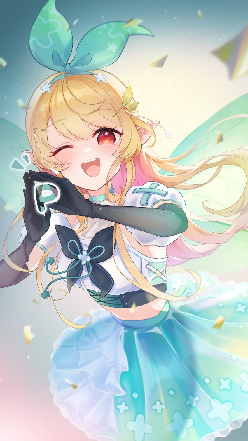 1girl, ;d, absurdres, black_gloves, blonde_hair, blue_skirt, bow, commentary