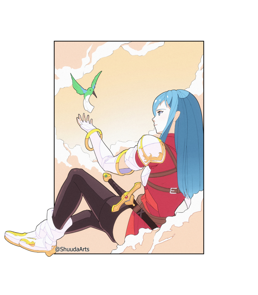 1girl, armor, bangle, belt, bird, black_thighhighs, blue_eyes, blue_hair, boots, bracelet, breastplate, brown_belt, caeda_(fire_emblem), commentary, dress, elbow_gloves, fire_emblem, fire_emblem:_mystery_of_the_emblem, gloves, highres, jewelry, long_hair, nintendo, orange_sky, pauldrons, red_dress, scabbard, sheath, sheathed, shoulder_armor, shuuda, sidelocks, sitting, sky, solo, sword, thighhighs, weapon, white_boots, white_gloves
