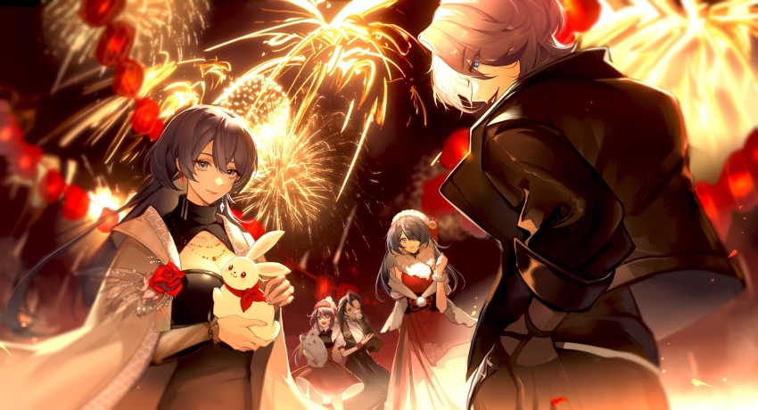 5girls, aerial_fireworks, alternate_costume, animal, bead_necklace, beads, beanie, black_coat, black_dress, black_gloves, black_jacket, blue_hair, breasts, cape, chief_(path_to_nowhere), china_dress, chinese_clothes, chinese_commentary, chinese_new_year, cleavage, cleavage_cutout, clothing_cutout, coat, commentary, detached_sleeves, dress, earrings, fake_claws, female_chief_(path_to_nowhere), fireworks, floating_earrings, flower, food_in_mouth, fur-trimmed_dress, fur_trim, gloves, grey_eyes, grey_hair, hair_between_eyes, hair_over_one_eye, half_gloves, hand_on_own_hip, hanfu, hat, hecate_(path_to_nowhere), hella_(path_to_nowhere), highres, holding, holding_animal, holding_rabbit, holding_stuffed_toy, horo_(path_to_nowhere), jacket, jewelry, kong_tiao_bo_zi, lantern, long_hair, looking_at_viewer, medium_breasts, multiple_girls, multiple_necklaces, necklace, night, one_eye_closed, one_eye_covered, open_clothes, open_coat, outdoors, paper_lantern, path_to_nowhere, pom_pom_(clothes), pom_pom_beanie, print_dress, puffy_short_sleeves, puffy_sleeves, purple_hair, rabbit, red_dress, red_flower, red_rose, rose, shawl, short_sleeves, sky, sleeveless, sleeveless_dress, stuffed_animal, stuffed_rabbit, stuffed_toy, white_cape, white_hanfu, white_headwear, white_shawl, white_sleeves, wristband, zoya_(path_to_nowhere)